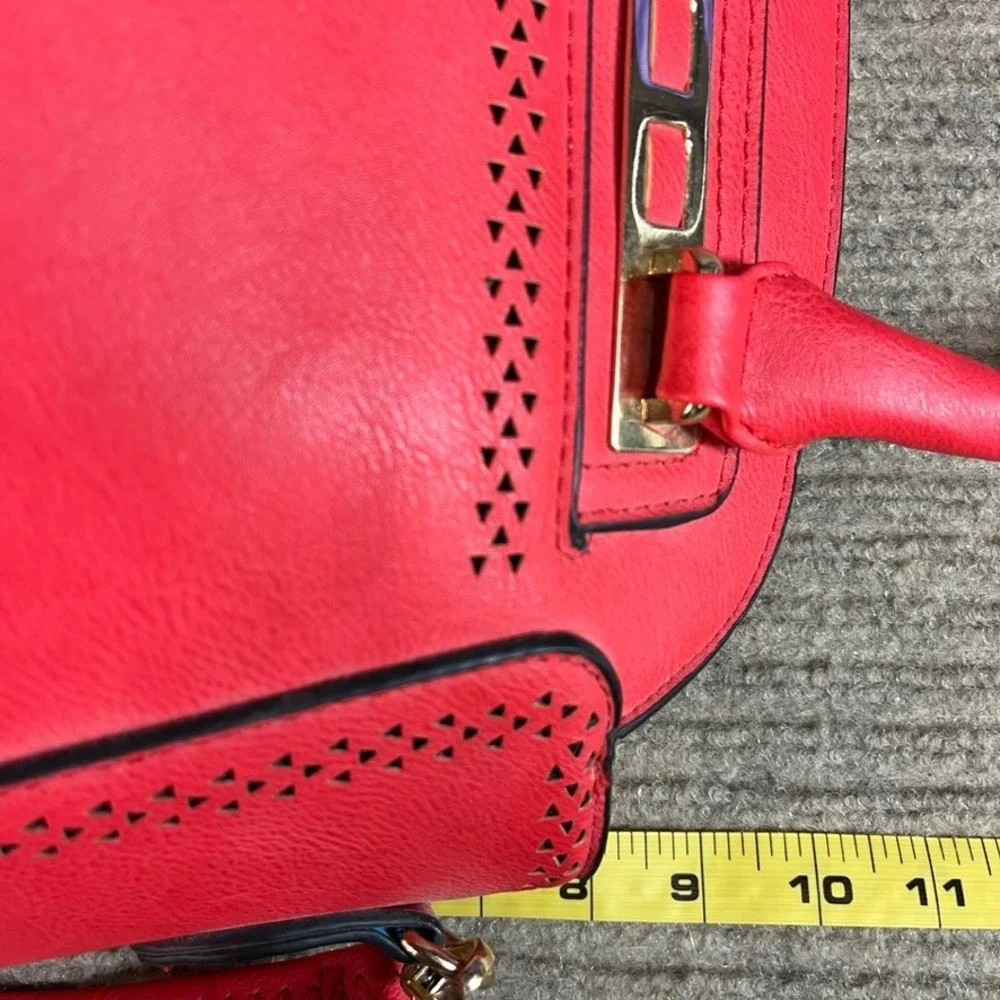 Red Laser Cut Vegan Leather Satchel Crossbody Handbag Gold Hardware